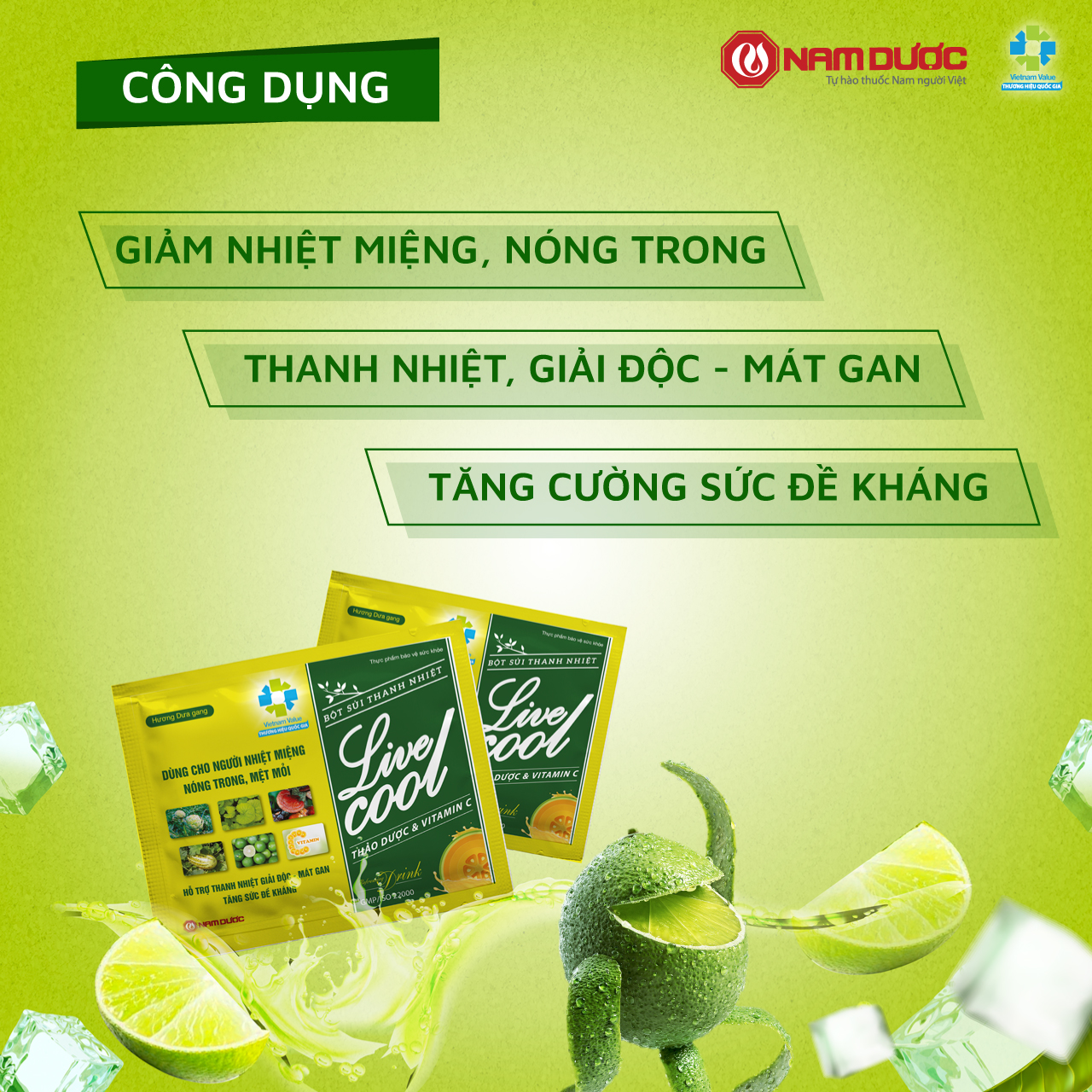 Bột sủi thanh nhiệt Livecool Nam Dược hương dưa gang hộp 6 gói x7g hỗ trợ giảm nhiệt miệng nóng trong,giải độc,mát gan