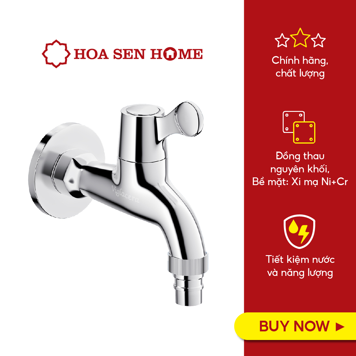 Vòi hồ gắn tường lạnh Viglacera VG110 đồng thau nguyên chất, mạ Cr/Ni sáng bóng, 500.000 lần đóng/mở, độ bền trên 10 năm - Hoa Sen Home - Hàng chính hãng