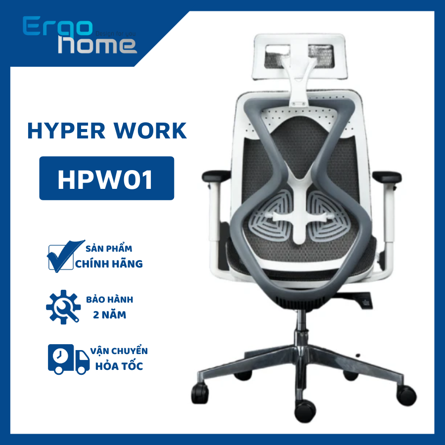 Ghế công thái học xoay văn phòng HyperWork HPW01 Ergohome, ghế làm việc thiết kế đẹp, đệm lưới êm thoáng mát, ngả 125 độ, bảo vệ cột sống, giảm đau mỏi lưng