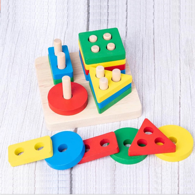 Bộ đồ chơi gỗ cho bé gồm 4 món GT ( Đàn gỗ, tháp cầu vồng, sâu gỗ, trụ 4 cọc)