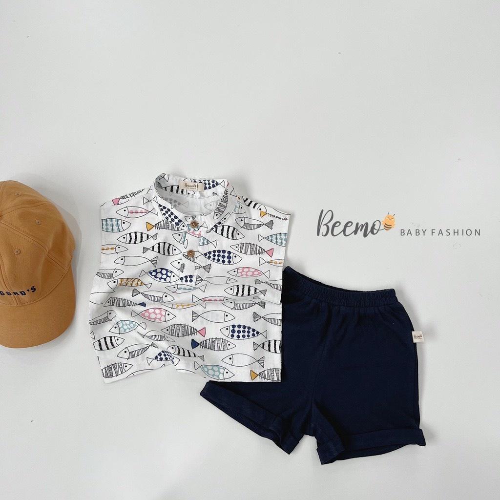Set áo sơ mi cộc tay bé trai bé gái họa tiết cá