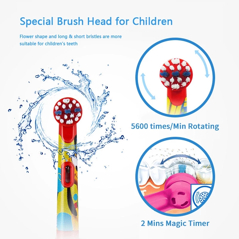 Oral B Kids Electric Toothbrush Soft Bristle Battery Power Supply Gum Care Replaceable Brush Head 2 Minutes Timer Teeth Brush
