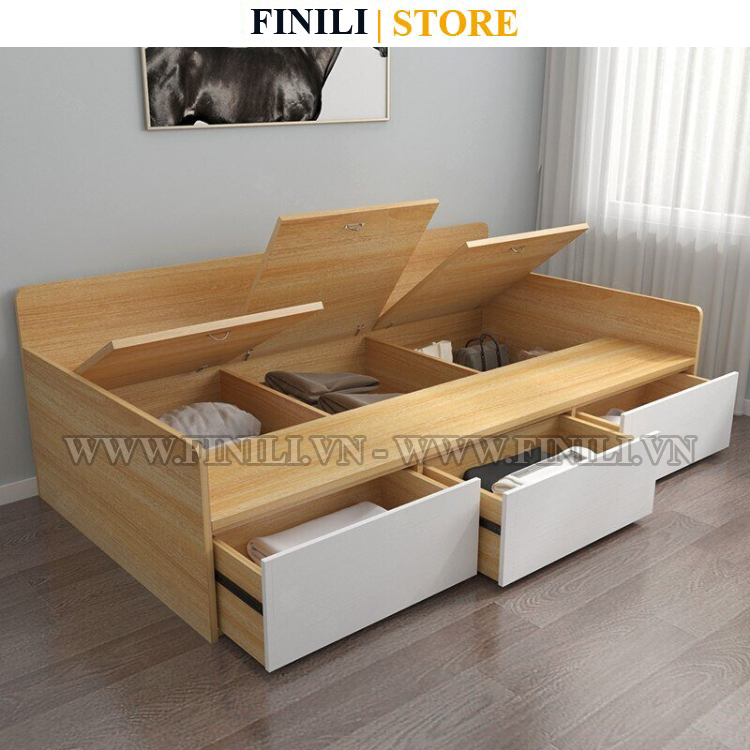 [FREESHIP] Giường phẳng thông minh FINILI, giường phòng khách 3 ngăn kéo gỗ MDF melamine FLNO2046