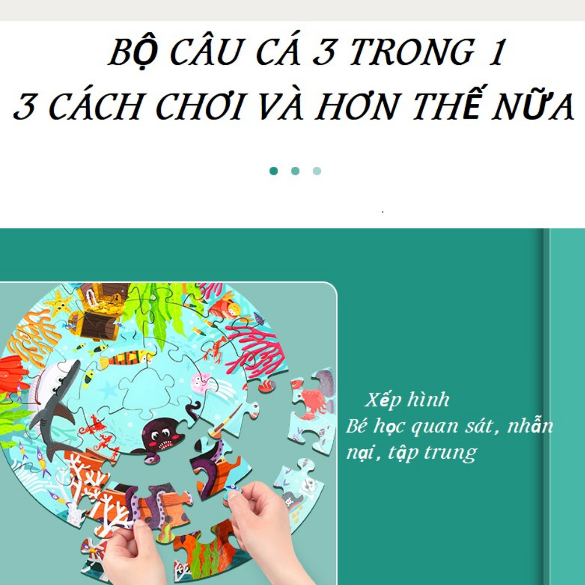 Đồ chơi câu cá gỗ 3 trong 1 hộp tròn xếp hình 24 mảnh 3D câu cá nam châm cho bé từ 3 tuổi