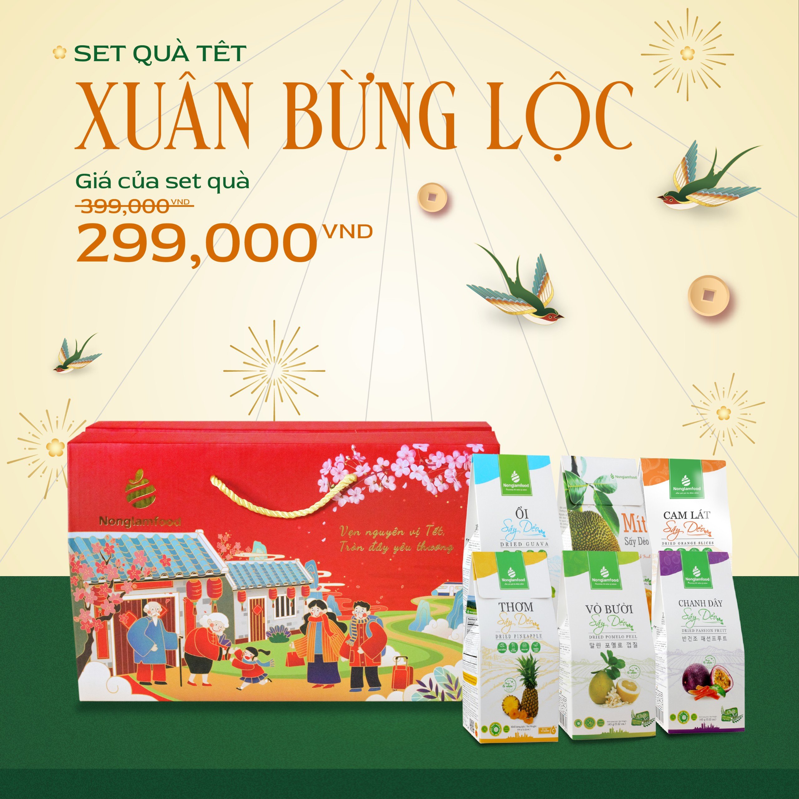 [BỘ QUÀ TẾT 2025] Set quà tết Xuân Bừng Lộc mix 6 hộp trái cây đủ vị Nonglamfood | Bộ quà tặng người thân, bạn bè, doanh nghiệp, đối tác