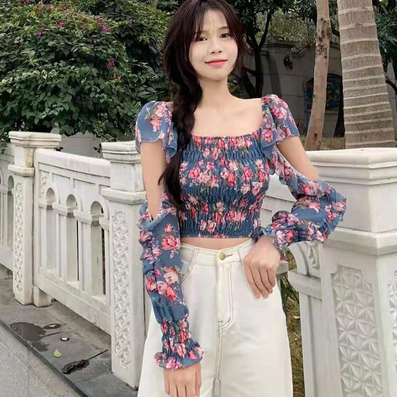 Áo Kiểu Vải Voan Tay Loe Cổ Vuông In Họa Tiết Hoa Xinh Xắn Cho Nữ