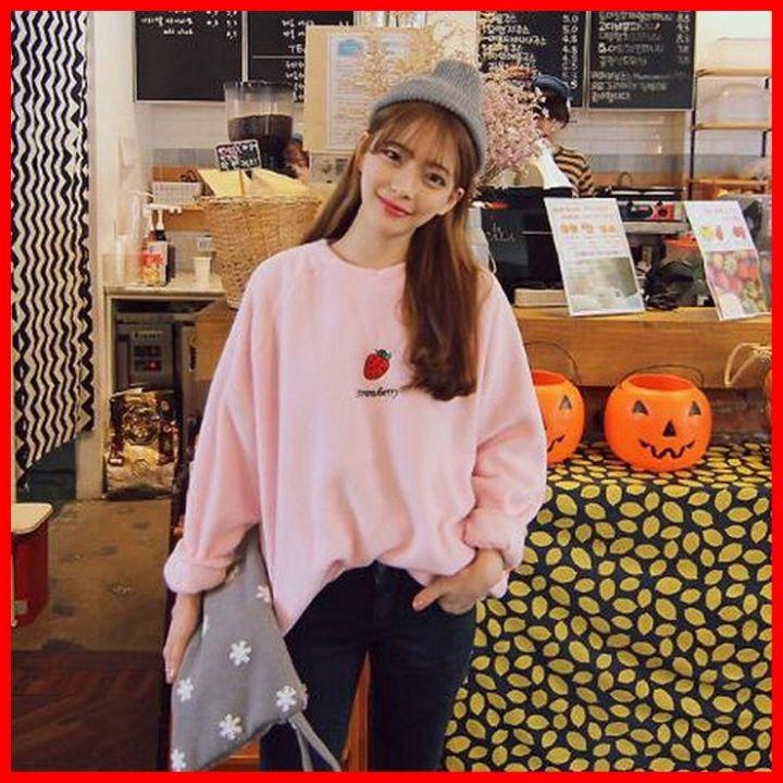 Áo Thun Nữ Sweater Vây Cá Tay Dài Hồng In Trái Dâu - J.A Shop