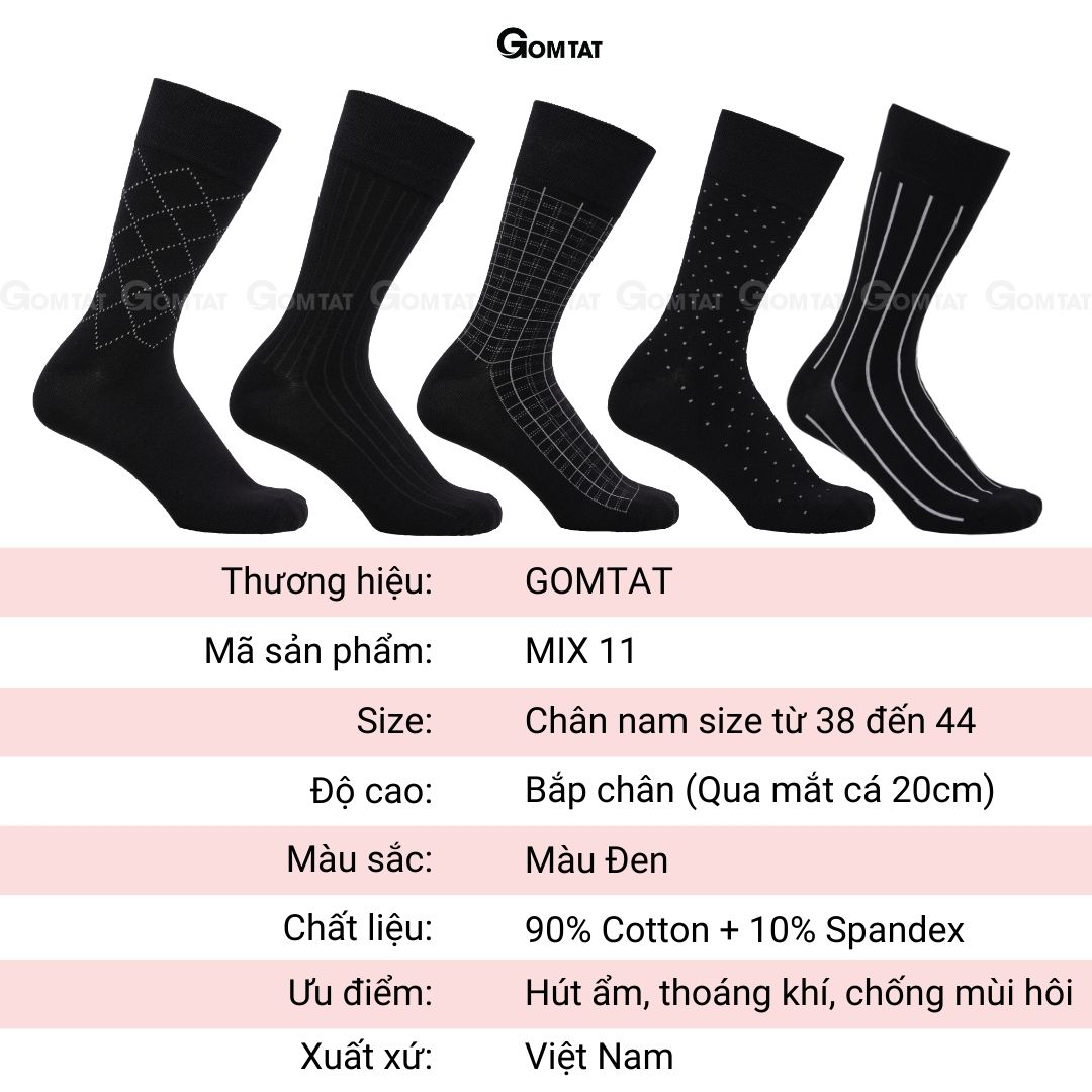 Combo 5 đôi tất vớ mang giày tây nam công sở cổ cao GOMTAT, chất liệu cotton cao cấp hút ẩm, thoáng khí - GOM-MIX11-CB5