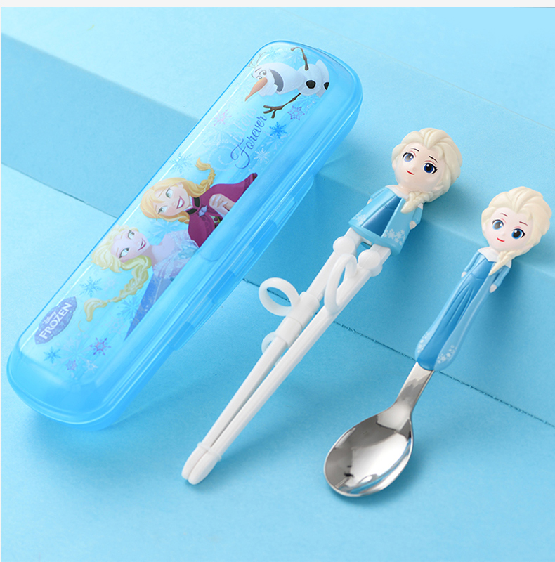 Set 3 món muỗng, đũa tập ăn inox 3D kèm hộp đựng hình Frozen màu xanh cho các bé ăn uống - 70P8NDP2189