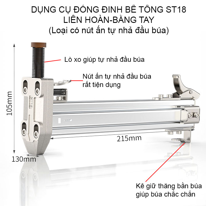 Dụng cụ hỗ trợ đóng đinh bê tông liên hoàn kèm 400 đinh ST18 (Có nút ấn tự nhả đầu búa-Loại tốt)