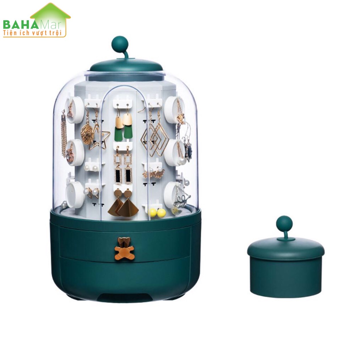 HỘP ĐỰNG TRANG SỨC ĐỂ BÀN XOAY 360 ĐỘ An toàn trang sức, thiết kế móc có thể treo các đồ trang sức trong hộp để ngăn ngừa bụi và phần ngoài trong suốt để nhìn rõ ràng bên trong.