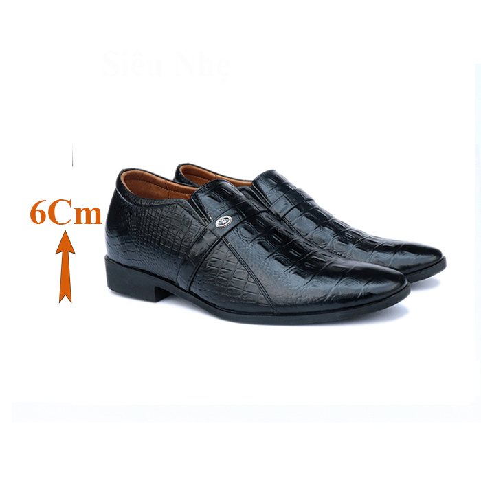 Giày Cao Nam T&TRA Tăng Cao 6Cm- T05 Đen Cá Sấu- Chất Liệu Da Bò Cao Cấp Dập Vân Cá Sấu, Đế Cao Su Đúc, Phần Tăng Cao Ẩn Bên Trong