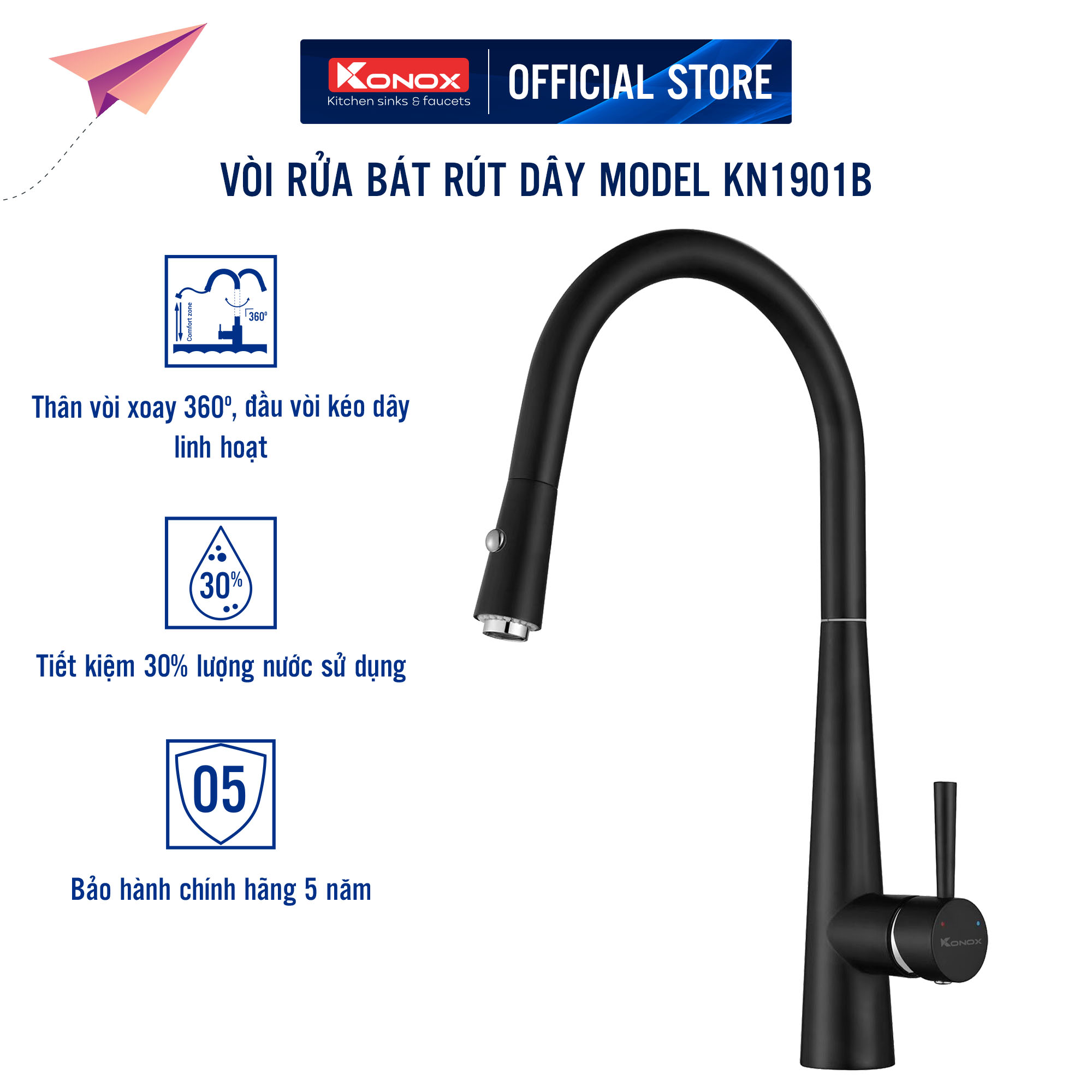 Vòi rửa bát rút dây Konox, Model KN1901B, Inox 304AISI tiêu chuẩn châu Âu, mạ PVD 5 lớp sáng bóng, Hàng chính hãng