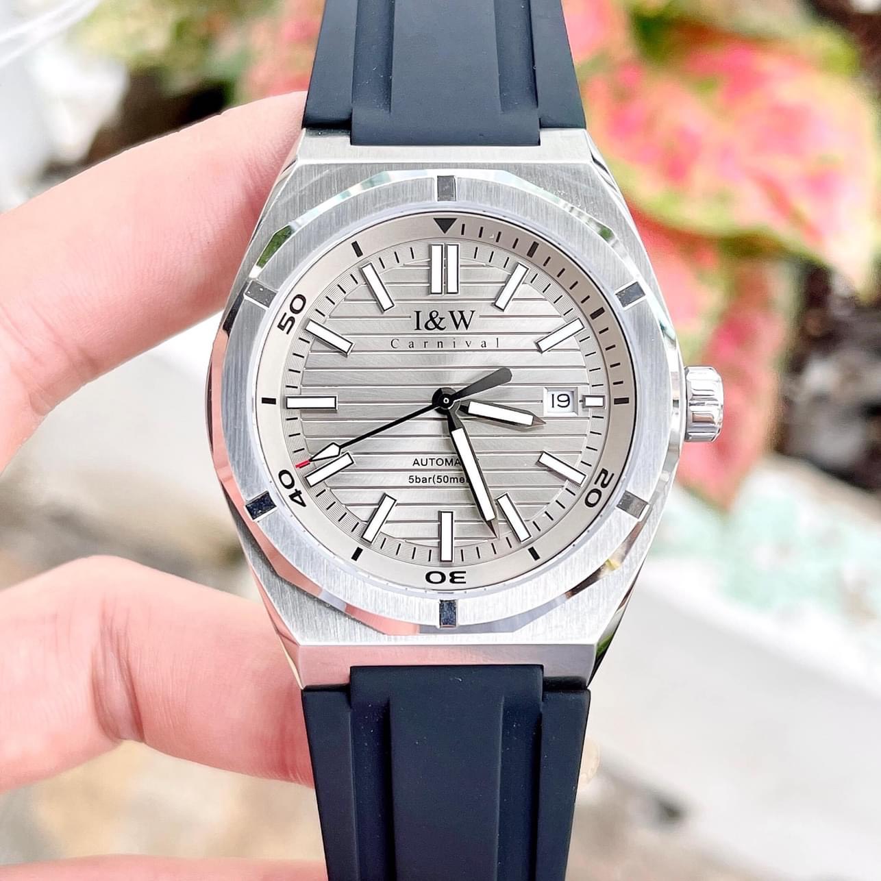Đồng hồ nam chính hãng I&amp;W Carnival 711G-S3 Kính sapphire ,Chống nước ,Bảo hành 24 tháng,Máy cơ (Automatic),mặt đen dây cao su chống nước tuyệt đối