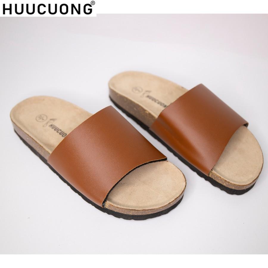 Dép unisex HuuCuong 1 quai pu nâu đế trấu