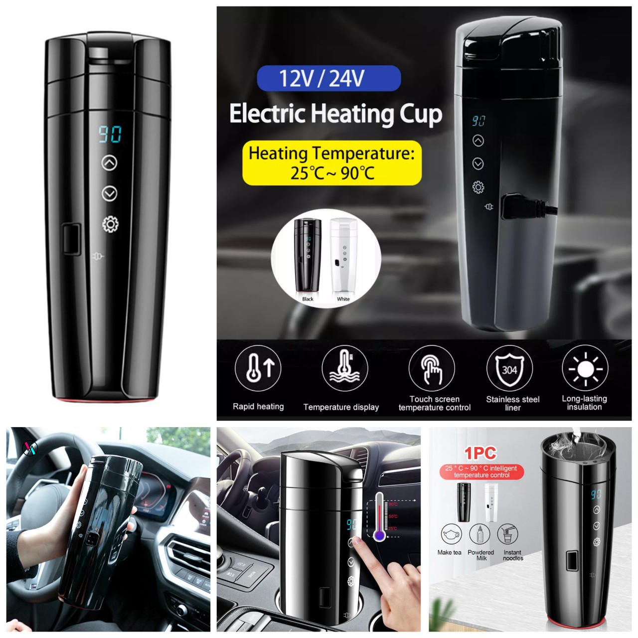 (LOẠI TỐT) Bình nấu nước nóng trên ô tô xe hơi 12v-24v cảm ứng có chỉnh nhiệt độ , phụ kiện oto