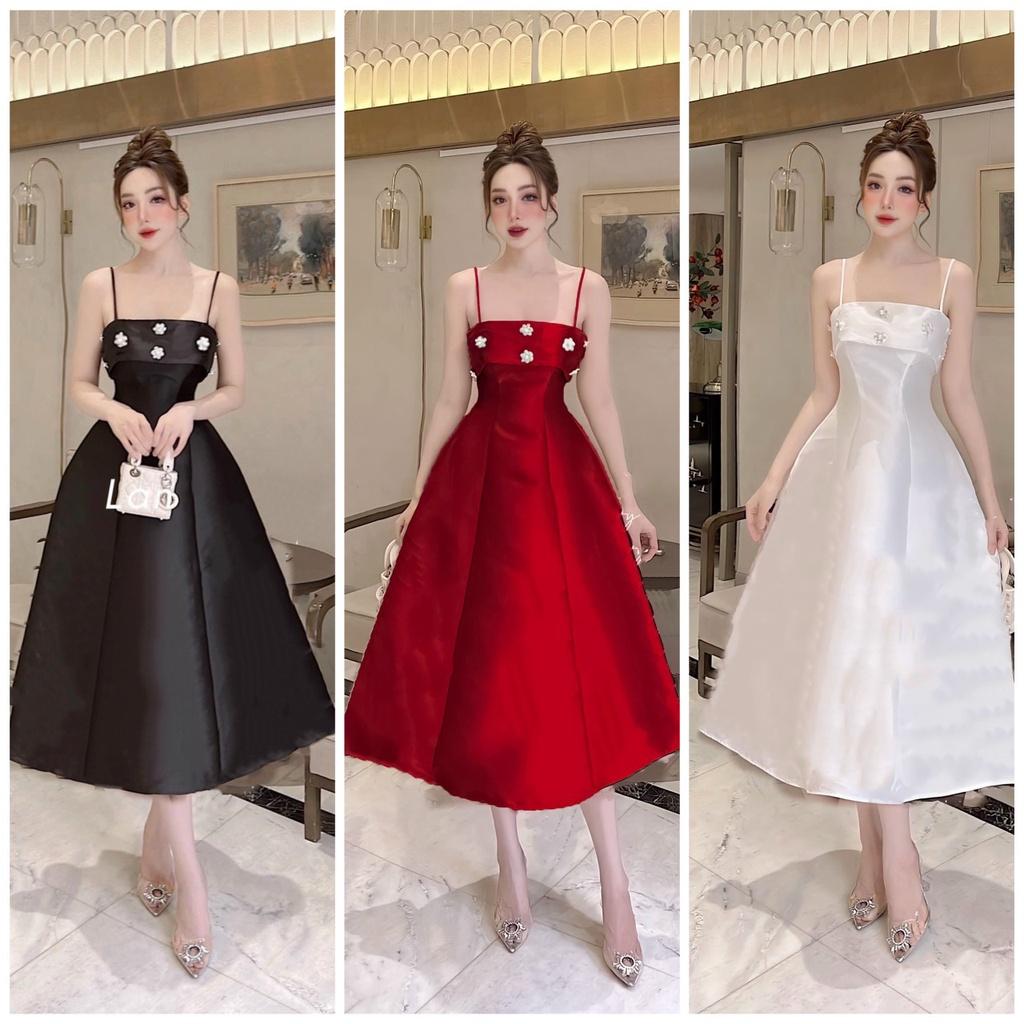 Đầm midi đỏ 2 dây đính đá hoa ngực dáng xòe dự tiệc cưới