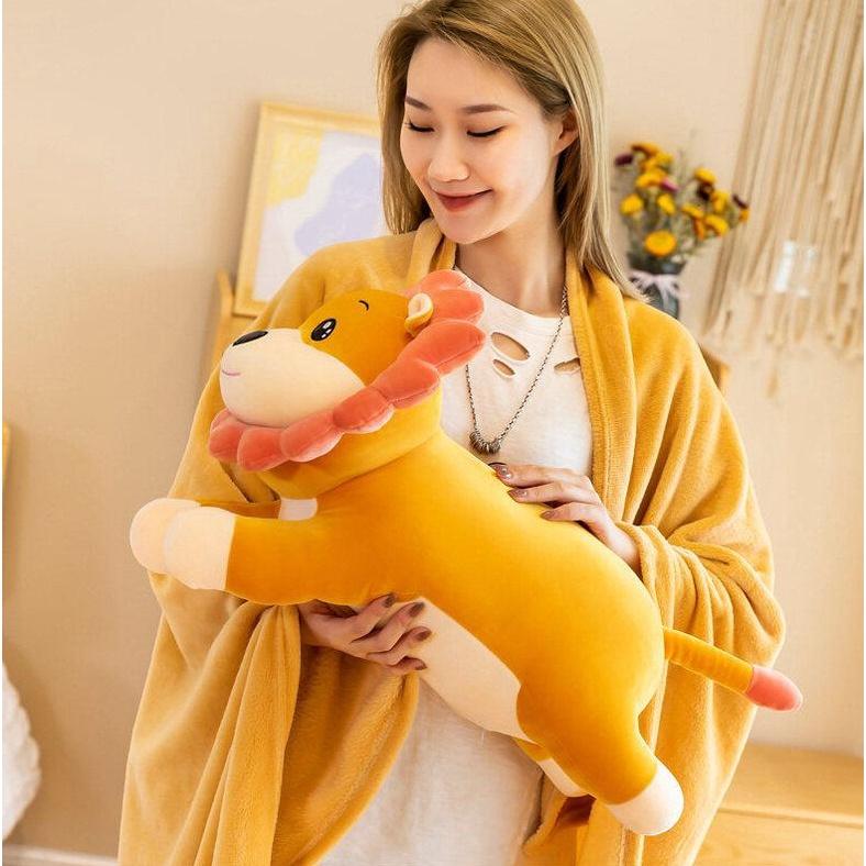 Bộ chăn gối văn phòng 2 trong 1, gấu bông kèm chăn hình thú mẫu sư tử chất lượng