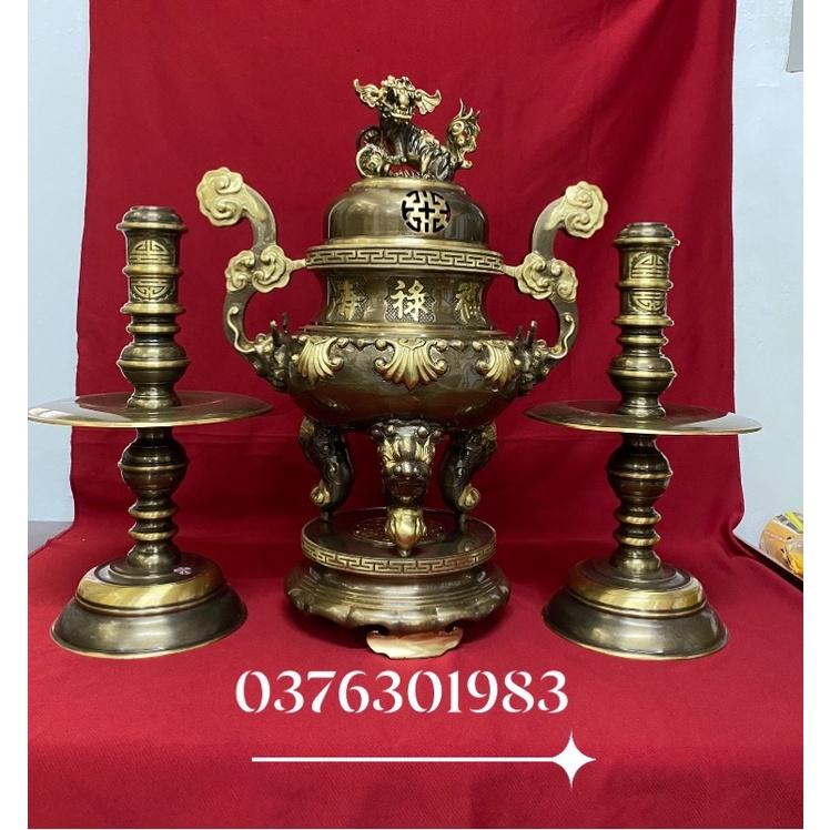 Bộ đỉnh ngũ sự đỉnh Hạc nến bằng đồng Đúc thủ công cao 50cm