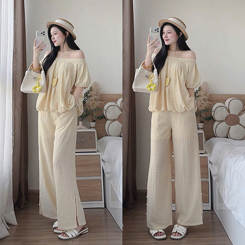 Bộ đồ ngủ nữ 2 màu trắng, be kiểu dáng rộng rãi thoải mái, chất liệu vải mềm mại, phù hợp cho việc ở nhà hoặc đi chơi nhẹ nhàng