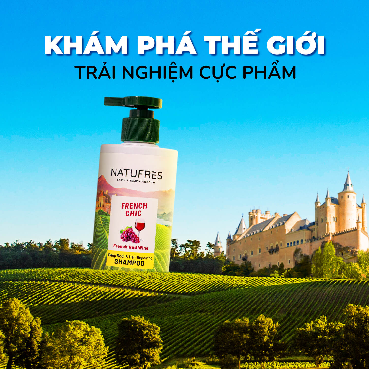 Dầu Gội Phục Hồi Tóc Hư Tổn, Ngăn Gãy Rụng NATUFRÈS French Chic Chiết Xuất Rượu Vang Đỏ Pháp - 250ml / 450ml
