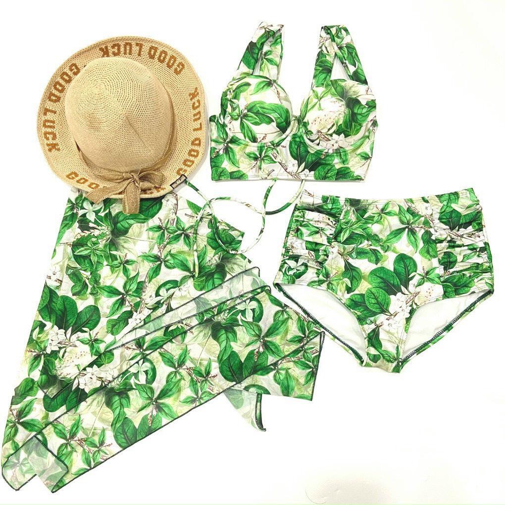 Bikini set 3 món# Đồ bơi đi biển hoa xanh kèm khăn mẫu mới BM-119