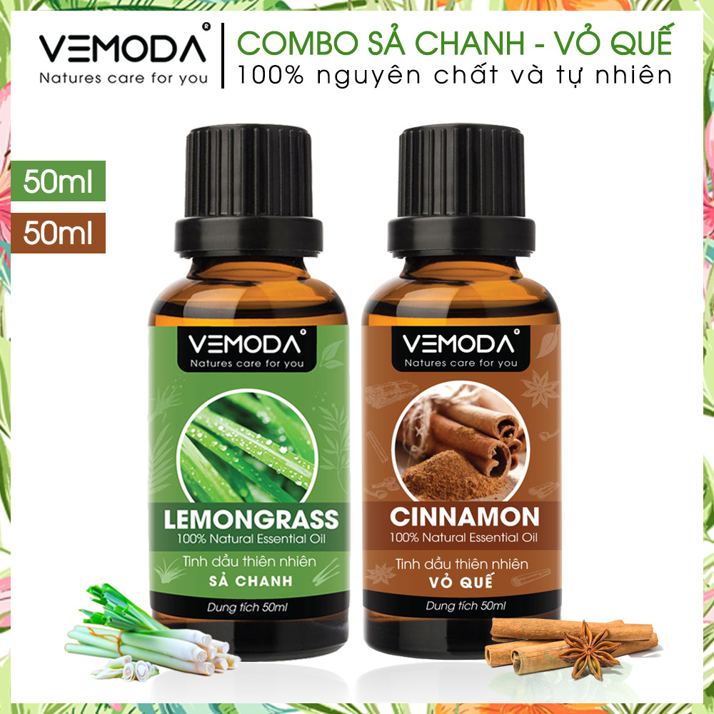 Tinh dầu xông phòng cao cấp gồm 2 chai tinh dầu nguyên chất: tinh dầu Sả chanh + tinh dầu Vỏ quế Vemoda