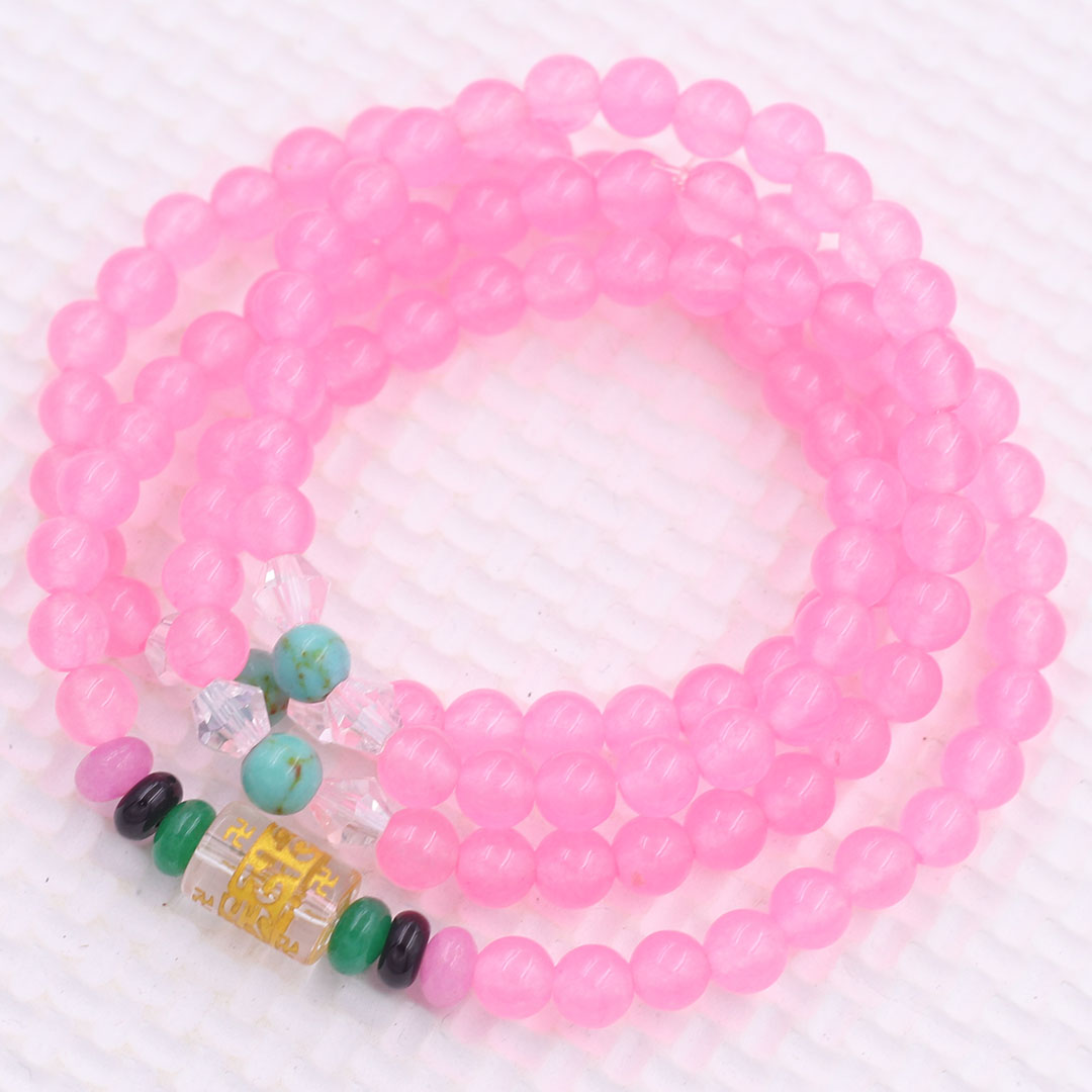 Bộ Vòng Chuỗi, Tràng Hạt 108 Hạt 6 Ly Đá Thạch Anh Hồng Phấn Charm Lục Tự Chân Ngôn - Tràng Chuỗi Niệm Phật - An Yên - Thịnh Vượng - May Mắn - Tài Lộc
