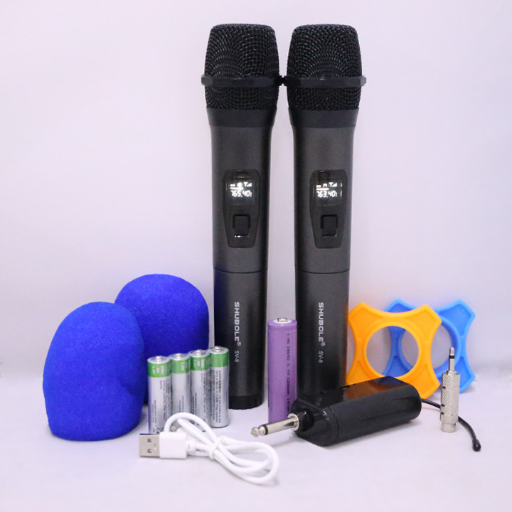 Micro Karaoke Không Dây Shubole SV-8 Gồm 2 Micro 1 Đầu Thu Mini Hỗ Trợ Hầu Hết Các Loại Loa, Amply Chính Hãng