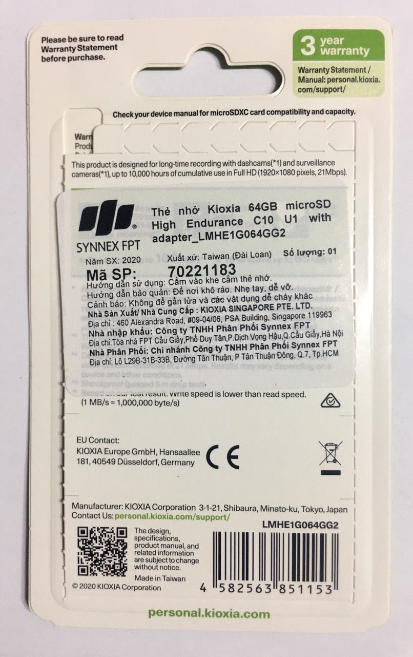 Thẻ nhớ MicroSD KIOXIA EXCERIA HIGH ENDURANCE - 64GB + Adapter - Hàng Nhập Khẩu