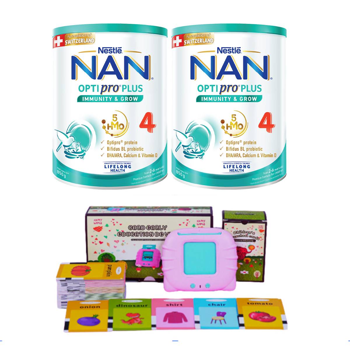 Bộ 2 Lon sữa bột Nestlé NAN OPTIPRO PLUS 4 850g/lon với 5HMO Giúp tiêu hóa tốt + Tăng cường đề kháng (2 - 6 tuổi) - Tặng Máy đọc thẻ tiếng Anh