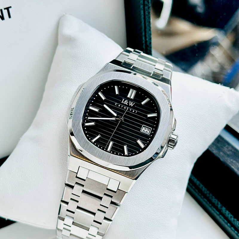 Đồng hồ nam chính hãng I&amp;W Carnival 721G1-T2 kính sapphire,chống xước,chống nước 50m,Bảo hành dài hạn,máy cơ (automatic),mặt đen viền trơn dây thép không gỉ