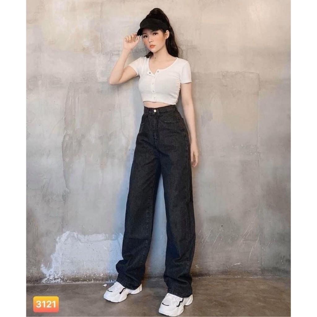 Quần Jean Nữ Ống Rộng Cạp Cao Màu Đen Chuẩn Uniex
