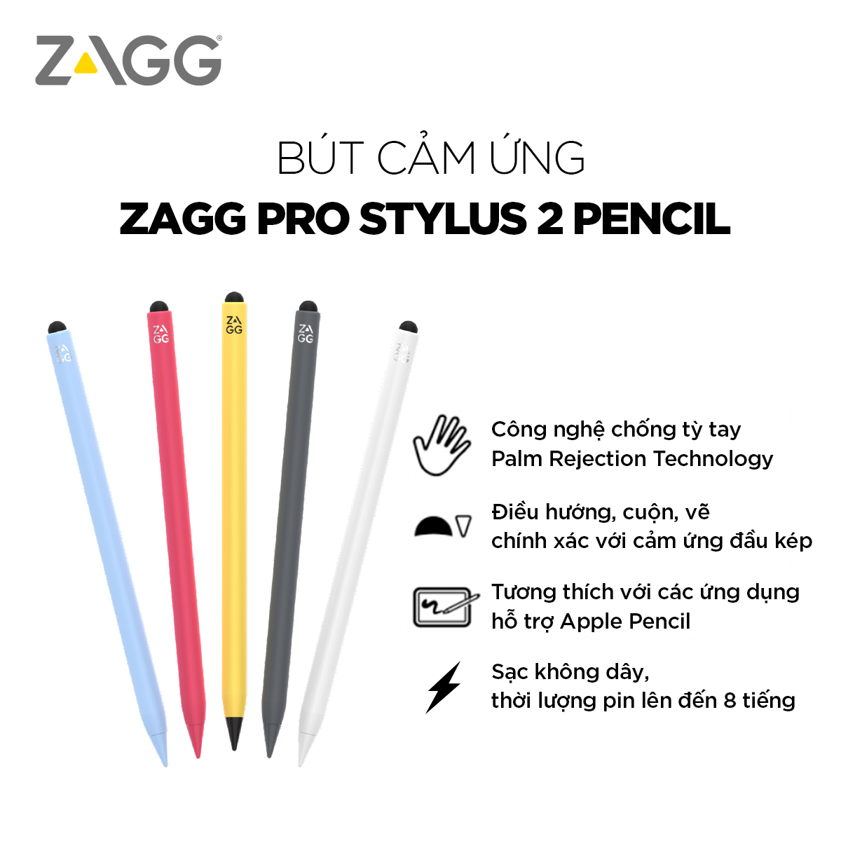 Bút cảm ứng ZAGG Pro Stylus 2 Pencil - dòng 2 cải tiến mới - Hàng chính hãng