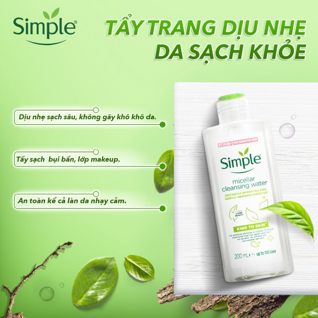 Nước tẩy trang dịu nhẹ dành cho da nhạy cảm Simple Kind To Skin Micellar Water 200ml ILIVING-SIMNTT200