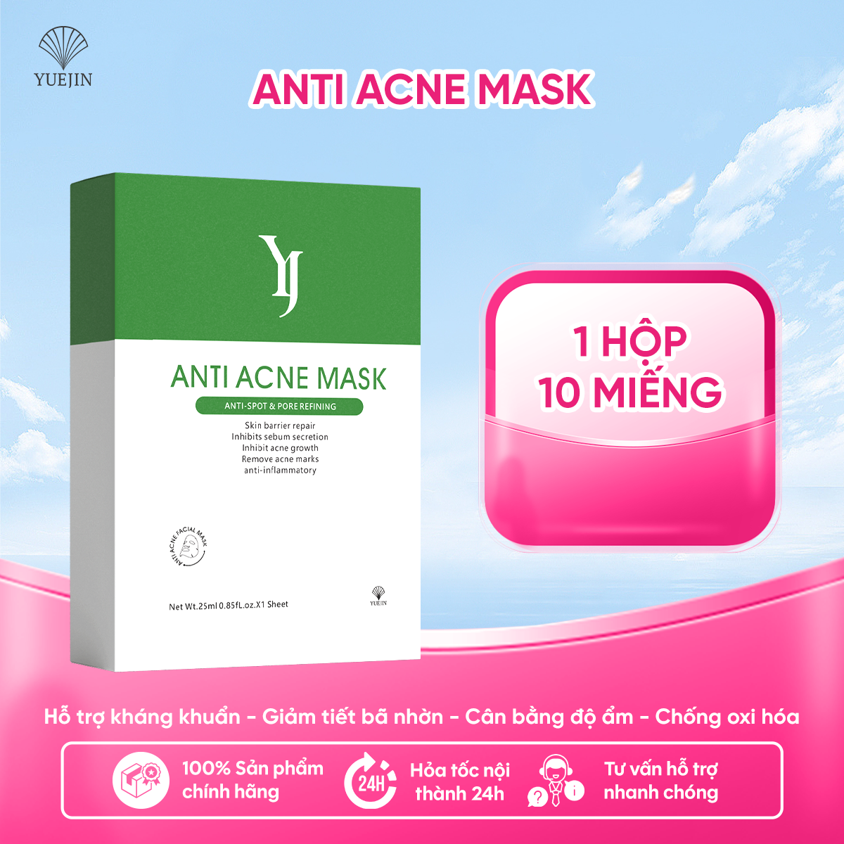 [Hộp 10 Miếng] Mặt nạ giảm mụn Anti Acne Mask Yuejin, kháng viêm, giảm sưng, giảm mụn hiệu quả