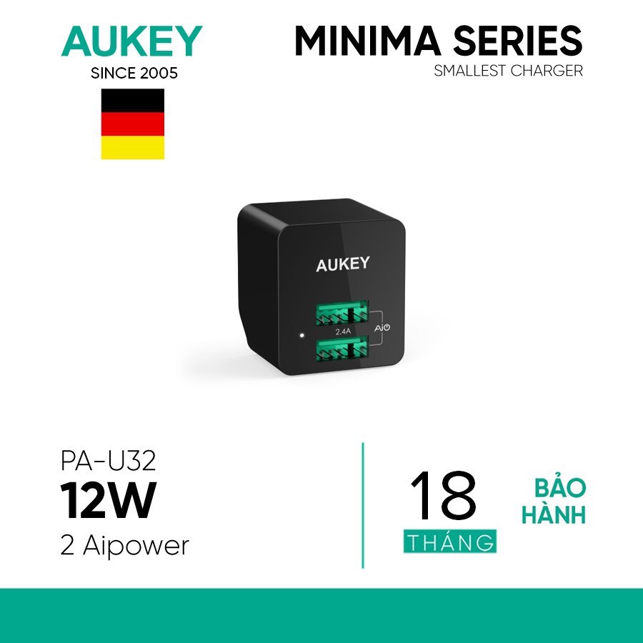 Củ Sạc USB Aukey PA-U32 Đầu Ra 2.4A Công Nghệ AiPower Thông minh - Hàng Chính Hãng