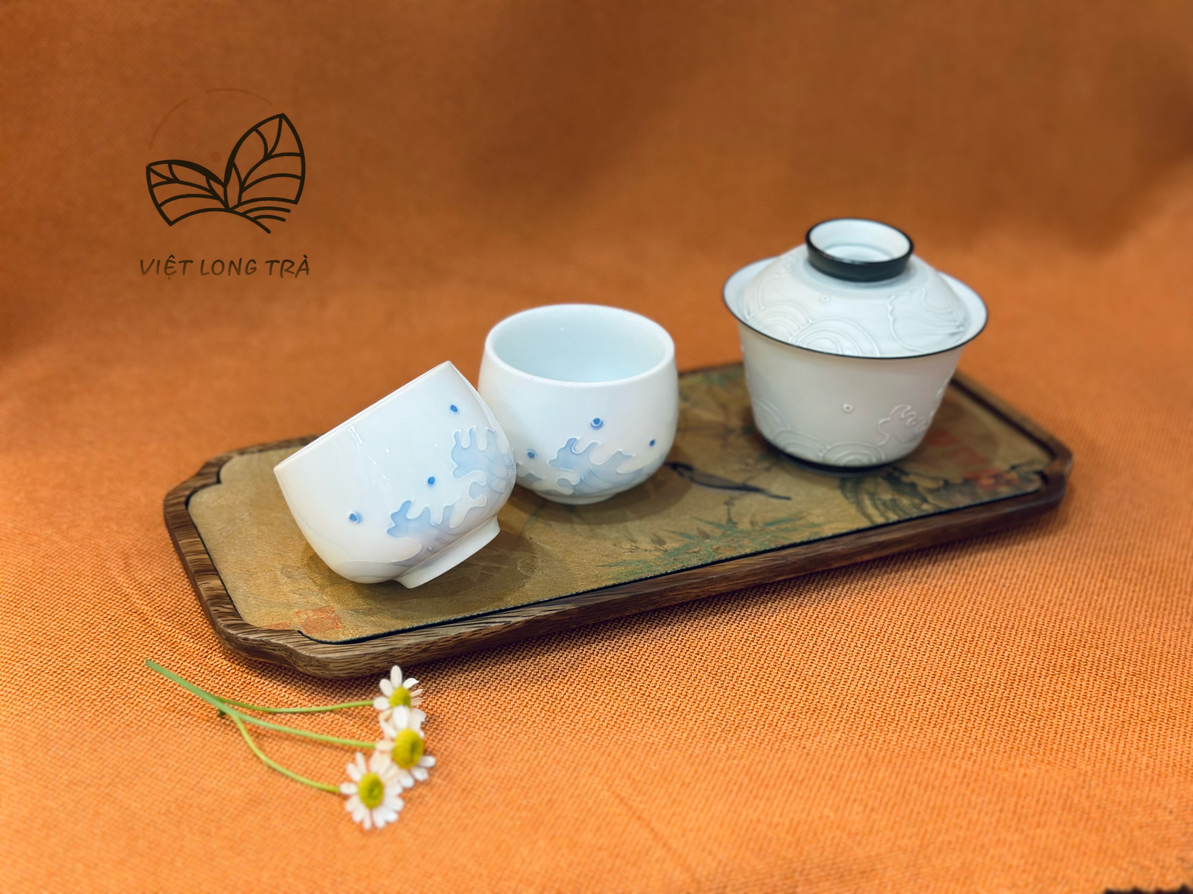 CHÉN TRÀ SỨ CẢNH ĐỨC CAO CẤP - HOẠ TIẾT SÓNG BIỂN VẼ TAY - 110ML - VIỆT LONG TRÀ