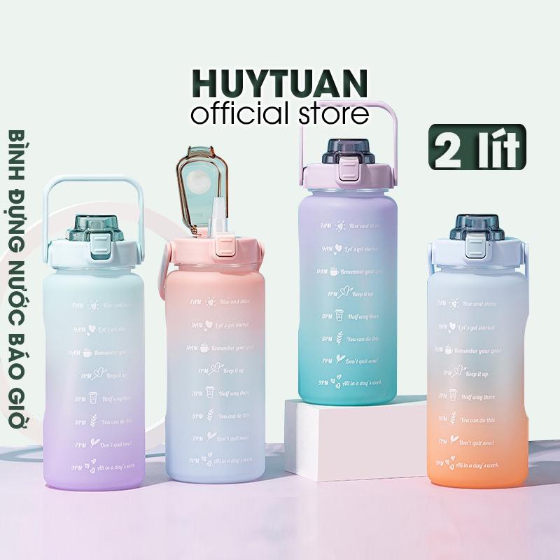Bình nước 2L có vạch báo giờ uống nước - Bình đựng nước màu gradient bắt mắt có ống hút và sticker trang trí