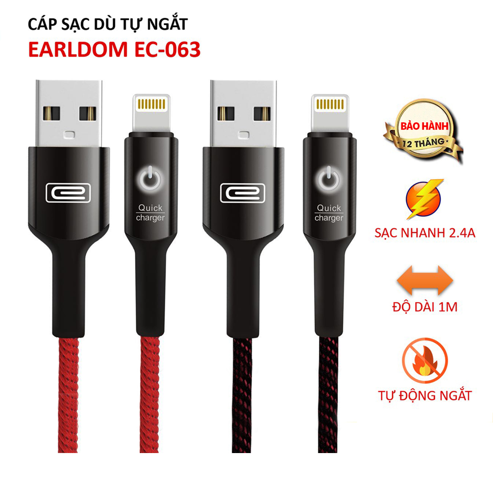 Cáp sạc tự ngắt Earldom EC-063 1m chân lightning, TypeC, Micro hỗ trợ sạc nhanh cho iPhone/Samsung/Oppo/Xiaomi – tự ngắt khi pin đầy