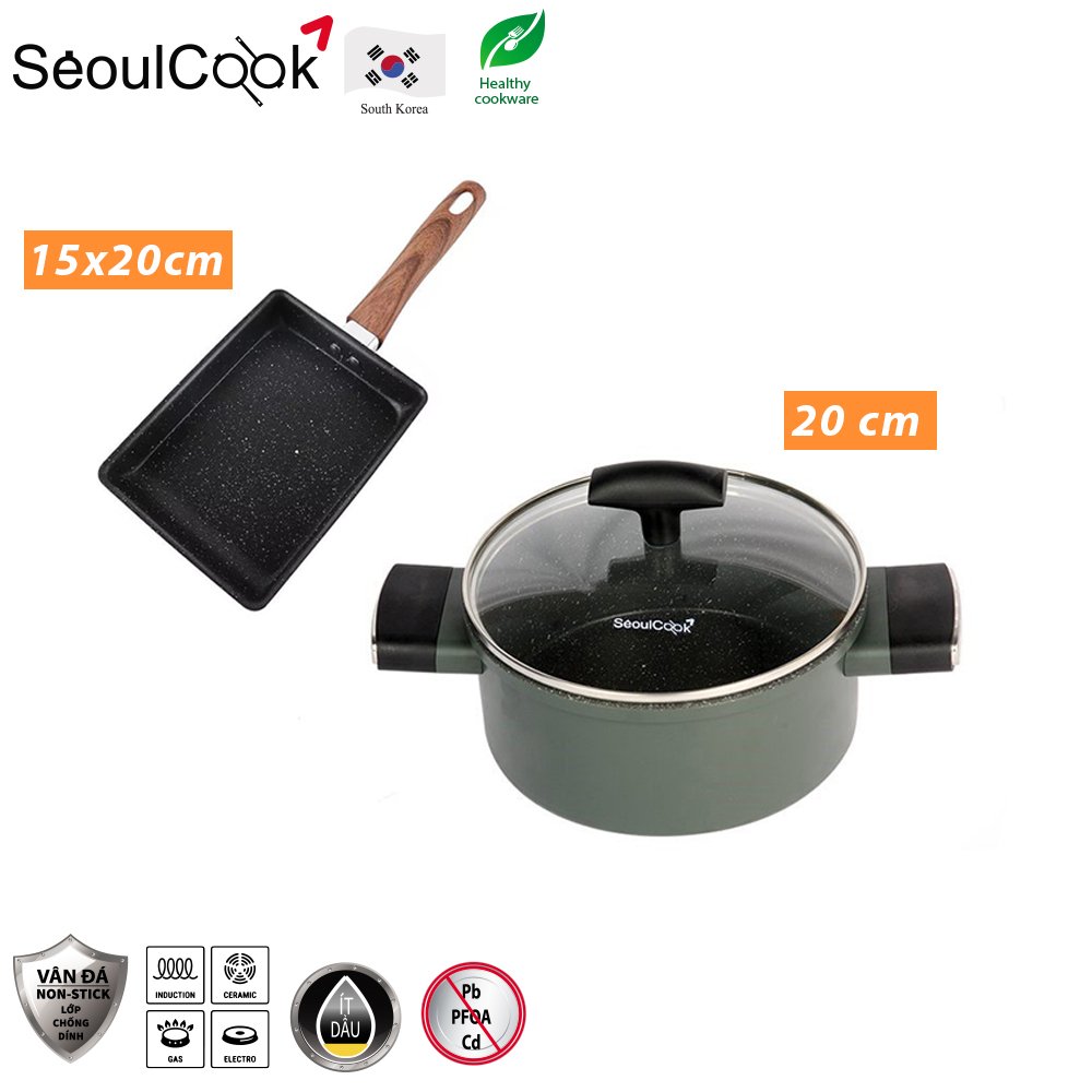 Bộ nồi chảo 2 món đáy từ H3, nồi 20cm + chảo vuông 15x20cm Seoulcook Hàn Quốc, dùng được tất cả các loại bếp /Induction