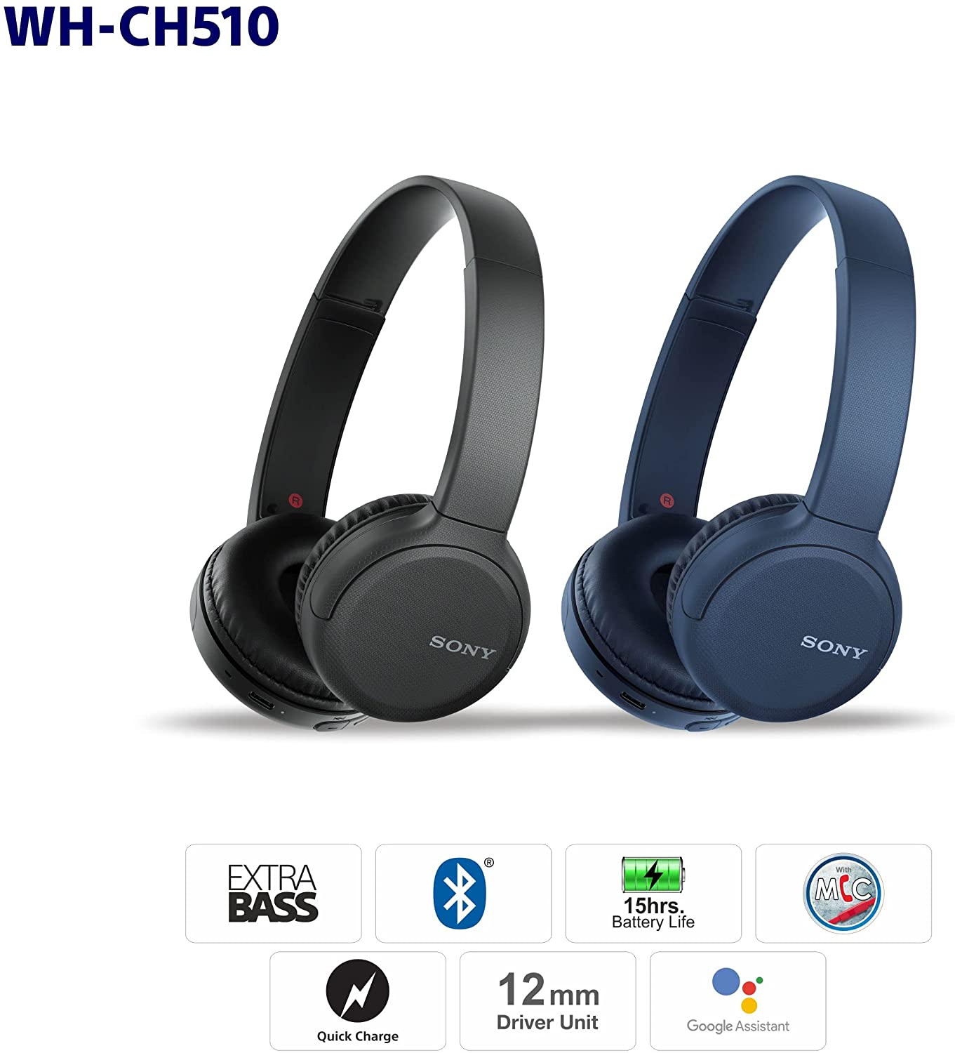 Tai Nghe Choàng Đầu BLUETOOTH Sony WH-CH510 | Pin: 35h ,Sạc nhanh - Cổng USB Type-C - Bluetooth 5.0 - Microphone | Hàng Chính Hãng