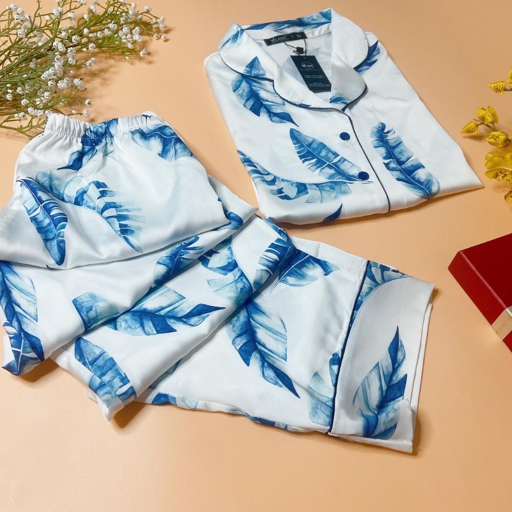 Đồ bộ pyjama nữ, đồ mặc nhà VILADY - B115 kiểu tay dài quần dài họa tiết lá xanh, chất liệu lụa Pháp siêu mát