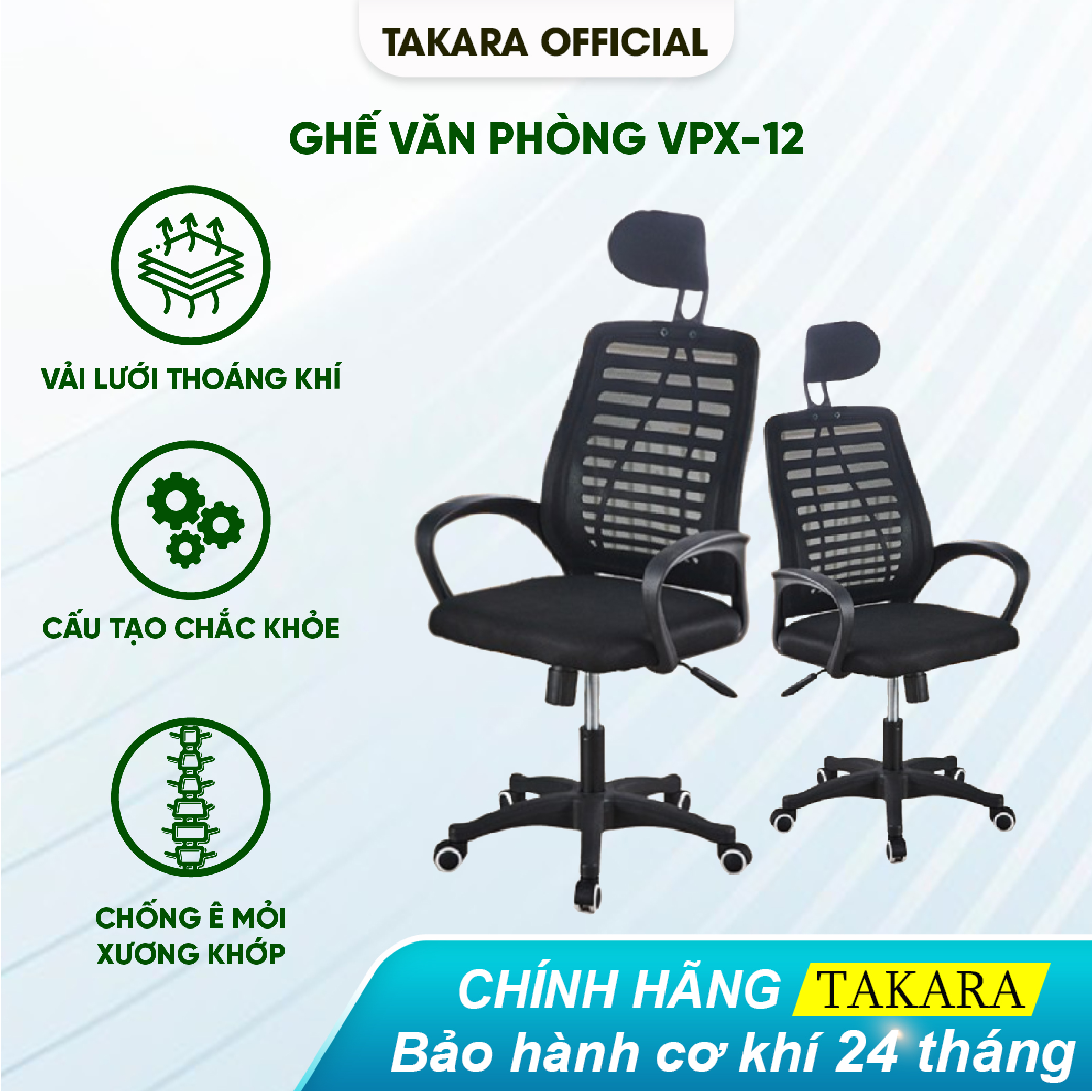 Ghế Xoay Văn Phòng Cao Cấp Takara Lưng Vải Lưới Thoáng Khí VPX-12, Có Tựa Đầu Nệm Lưng