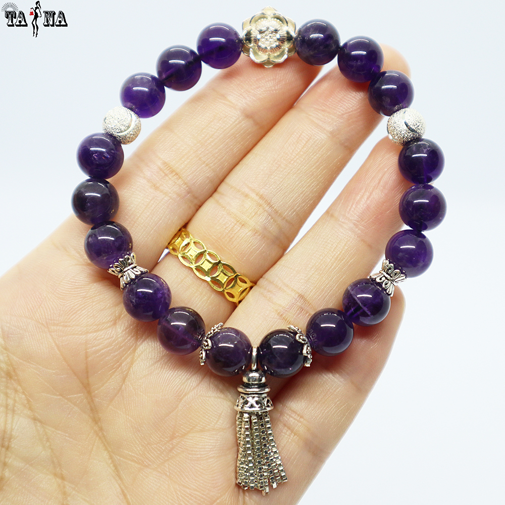 Vòng đá thạch anh tím 8mm charm bạc 925 cao cấp