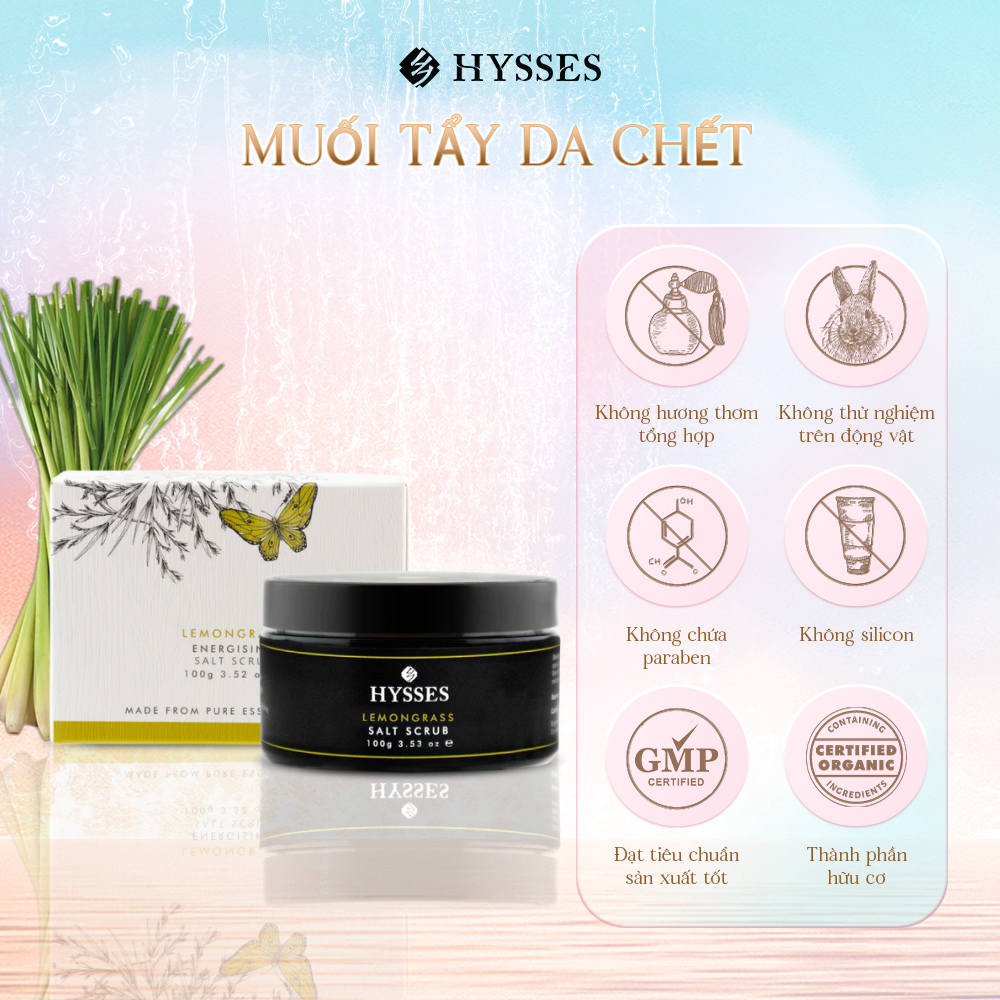 Muối Tẩy Tế Bào Chết Cao Cấp Hysses Salt Scrub Phù Hợp Cho Da Dầu Giúp Thanh Lọc, Kháng Khuẩn, Làm Sạch Lỗ Chân Lông Với Tinh Dầu Sả Chanh Hữu Cơ Tự Nhiên