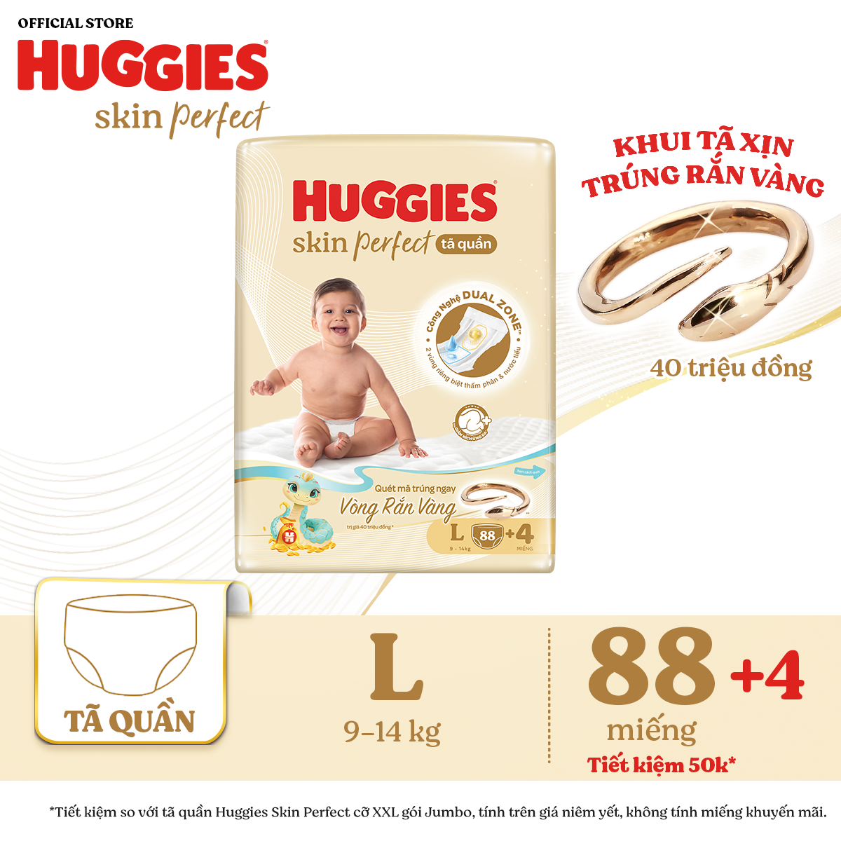 [Phiên bản Rắn vàng giới hạn] Tã quần Huggies Skin Perfect Mega Jumbo L88+4 với 2 vùng thấm giảm kích ứng da