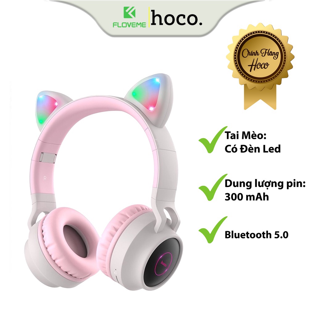 Tai Nghe Chụp Tai Bluetooth Dành Cho Hoco W27, Tai Mèo Phát Sáng, Hỗ Trợ Kết Nối, Dây AUX 3.5mm, Âm Thanh Trong Trẻo - Hàng Chính Hãng.