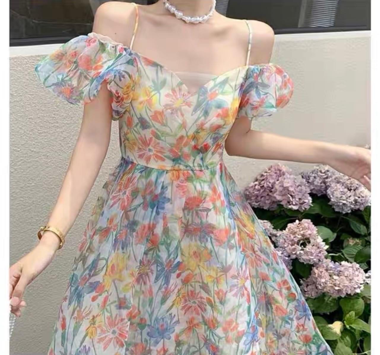 ĐẦM DÀI HOA MAXI ĐI BIỂN CỔ U DÂY LƯNG SUÔNG XÒE MIDI FLORAL DẠO PHỐ DỰ TIỆC