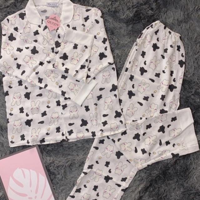 G CÓ SẴN Đồ bộ nữ PIJAMA ️ Bộ lụa tay dài quần dài ️ hoạ tiết bò sữa KÈM ẢNH THẬT